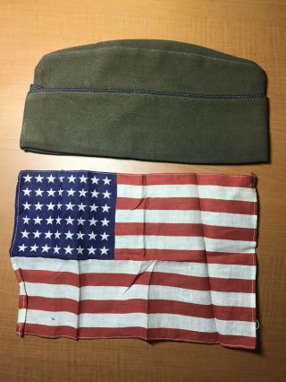 Antique Vintage Army? Military? Navy? Uniform Hat And 48 Star American Flag