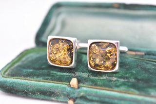 Vintage Sterling Silver Cufflinks With An Art Deco Yellow Amber Design G385