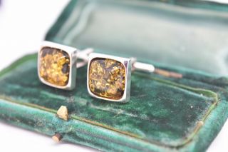 Vintage Sterling Silver cufflinks with an Art deco Yellow Amber design G385 2