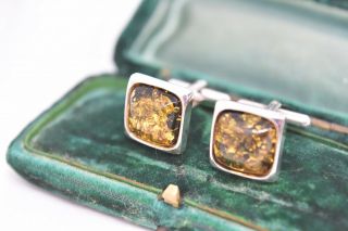 Vintage Sterling Silver cufflinks with an Art deco Yellow Amber design G385 3