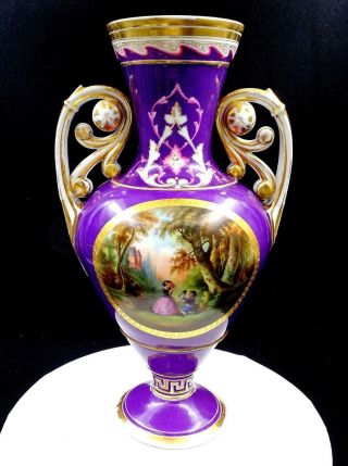 Old Paris French Porcelain Purple Gild Kids In Woods Large 17 " Picture Urn Vase