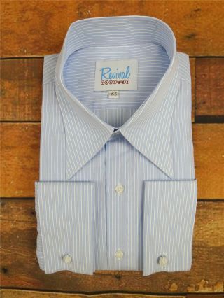 Revival Blue Stripe Spearpoint Collar 1930s 40s Vintage Style Mens Cotton Shirt