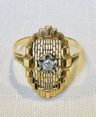 Vintage Antique Estate Solid 14k Yellow Gold Diamond Filigree Ring Size 8.  5 - 2.  9g
