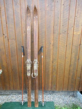 Vintage Hickory Wooden 77 " Skis Has Finish,  Pointed Tip,  Bamboo Poles