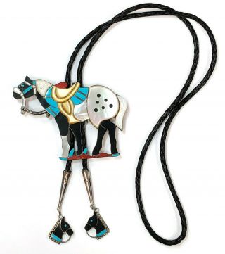 Vintage Zuni Inlay Horse Bolo Tie W/ Turquoise/jet/mother Of Pearl/spiny Oyster
