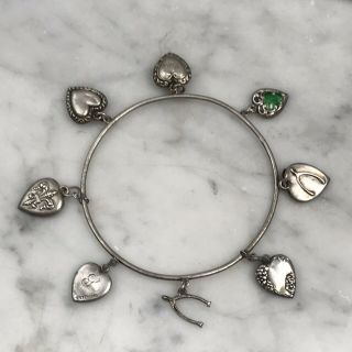 Vintage Antique Sterling Silver Charm Bracelet Hearts Wishbone Bangle