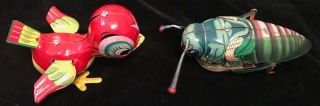 Vintage Tin Lithograpgh Wind Up Bird By Mikuni And Grasshopper Windup Japan