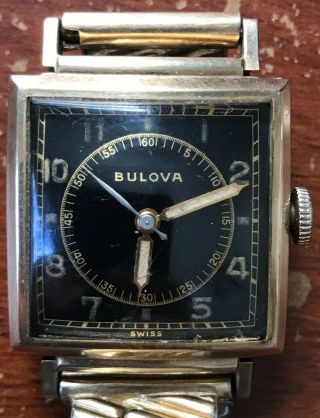 Vintage Bulova Square Black Dial Short Second Hand Sweep Men 