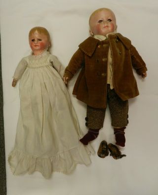 2 Antique Martha Chase Stockinet Doll Pr,  16 " & 12 ",  Orig Clothes.  C1890,  Oilcloth