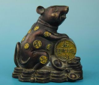 Antique China Hand Made Gilding Copper Wealth Mouse Statue Old Collect E01