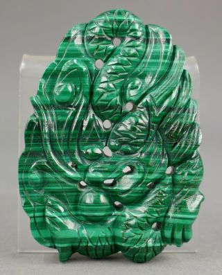 Fine Old Chinese Carved Green Malachite Dragon In The Waves Necklace Pendant