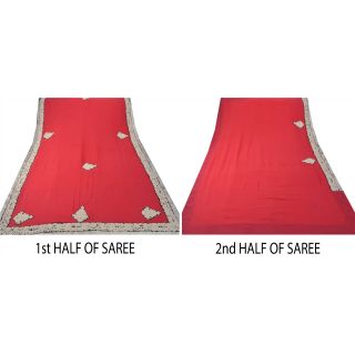 Sanskriti Vintage Red Heavy Saree Pure Georgette Silk Embroidered Fabric Sari 7