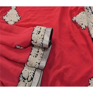 Sanskriti Vintage Red Heavy Saree Pure Georgette Silk Embroidered Fabric Sari 8