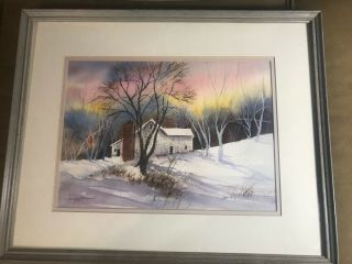 Vintage Judy Antonelli " Barn In Winter Scene " Watercolor Painting - Framed