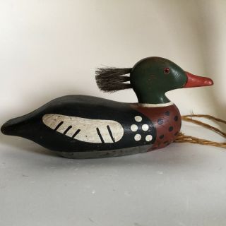 Old Red Breasted Merganser Duck Decoy Horsehair Crest Hand Painted Signed Grc
