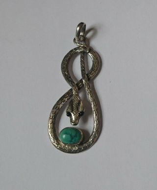 Sterling Silver 925 Vintage Coiled Snake Turquoise Pendant Serpent