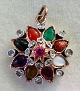 Antique Art Deco Mine Cut Diamond & Multi - Jeweled Pendant 9k Rose Gold