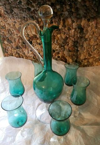 Turquoise Vintage Decanter And Glasses Set Decanter,  Stopper And 6 Glasses
