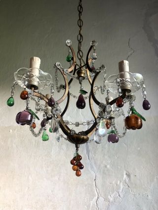 Very Elegant Vintage French Gilt Chandelier Murano Glass Fruit Crystals.  1950s