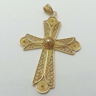 Vintage Gold Vermeil 925 Sterling Silver Large Filigree Cross Charm Pendant