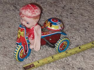 Vintage Japan Tin Toy Baby On Tricycle Wind Up Bell Rings Drives In Circles