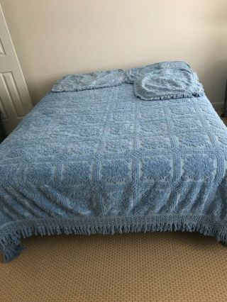 Vintage Blue Chenille Bedspread Queen King Fringe W 3 Pillowcases 100 Cotton