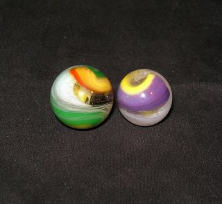 Vintage Akro Agate Co.  Popeye Marble Pairing (2) - Incl.  A Hybrid & A Purple One