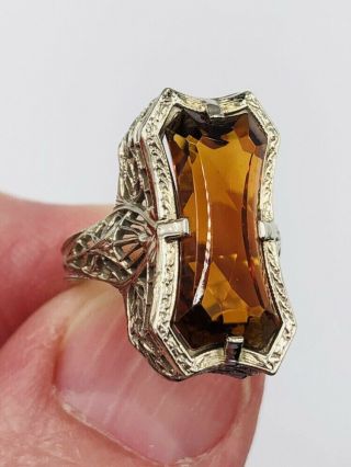 Antique Art Deco 14k White Gold Filigree Topaz Ring 3.  4 Grams Size 3.  25