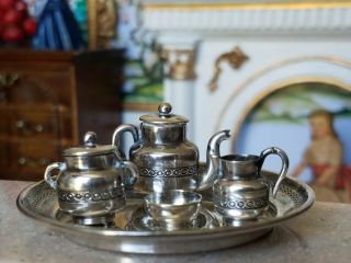 Antique French Dollhouse Miniature Sterling Silver Victorian Tea Set 1:12