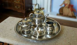 Antique French Dollhouse Miniature Sterling Silver Victorian Tea Set 1:12 2