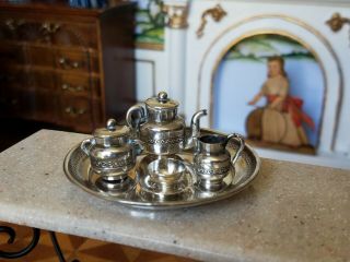 Antique French Dollhouse Miniature Sterling Silver Victorian Tea Set 1:12 3