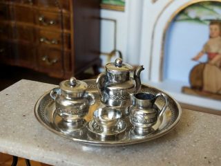 Antique French Dollhouse Miniature Sterling Silver Victorian Tea Set 1:12 4