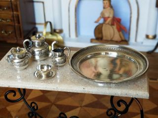 Antique French Dollhouse Miniature Sterling Silver Victorian Tea Set 1:12 5