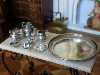 Antique French Dollhouse Miniature Sterling Silver Victorian Tea Set 1:12 6