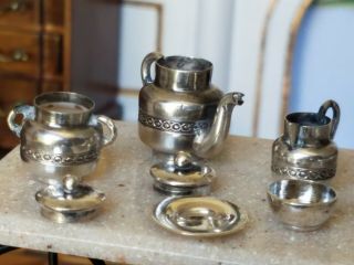 Antique French Dollhouse Miniature Sterling Silver Victorian Tea Set 1:12 9