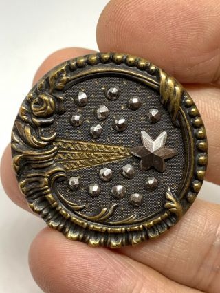 Equisite Detailed Georgian Era Halleys Comet Steel Cut Brass Tinted 34mm Button 3