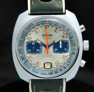 Lejour Lemans Mens Racing Date Chronograph Watch Valjoux 7734 17j Vtg Rare 42mm