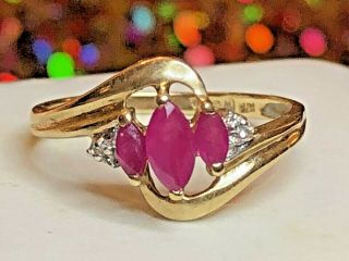 Estate Vintage 14k Yellow Gold Natural Red Ruby Diamond Ring Bypass Signed