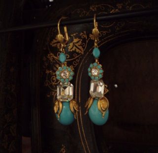 Vintage Gold Turquoise Oval Cabuochon & Crystal Drop Pierced Earrings.  Haskell