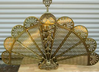 Vintage Antique Ornate Brass Peacock Fireplace Fan Folding Screen Lady Art Deco