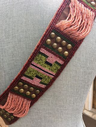 Double D Ranch Leather Brass Studded Beaded Wide Belt Size 36 4