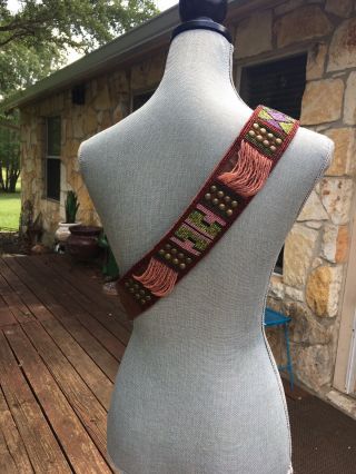 Double D Ranch Leather Brass Studded Beaded Wide Belt Size 36 7