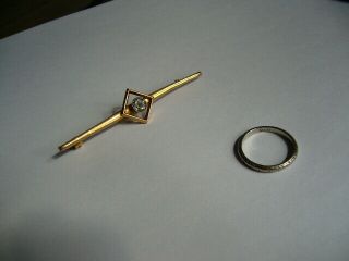 Gold Bar Brooch 9ct.  [2.  1g] And Platinum Ring [2.  9g].