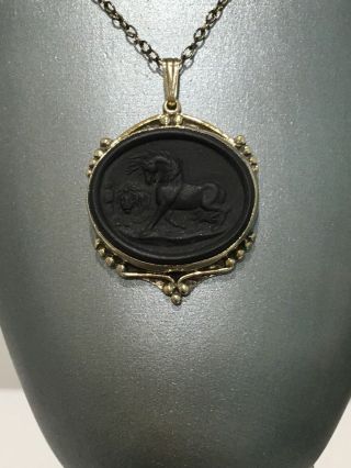 Vintage Wedgwood Black Basalt Cameo Stubbs Horse & Lion Gilt Pendant & Necklace