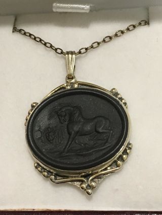 Vintage Wedgwood Black Basalt Cameo Stubbs Horse & Lion Gilt Pendant & Necklace 2