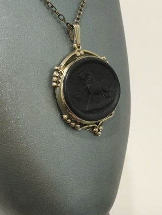 Vintage Wedgwood Black Basalt Cameo Stubbs Horse & Lion Gilt Pendant & Necklace 4