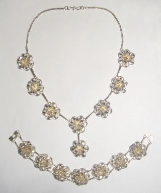 Detailed Sterling Silver 925 Filigree Flower Necklace & Bracelet Set