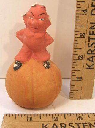Antique Vintage Halloween Imp Devil On Pumpkin Composition Candy Container