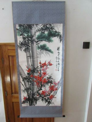 Vintage Large Chinese Scroll Painting On Silk Depicting Bamboo