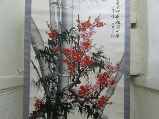 Vintage Large Chinese Scroll Painting On Silk Depicting Bamboo 5